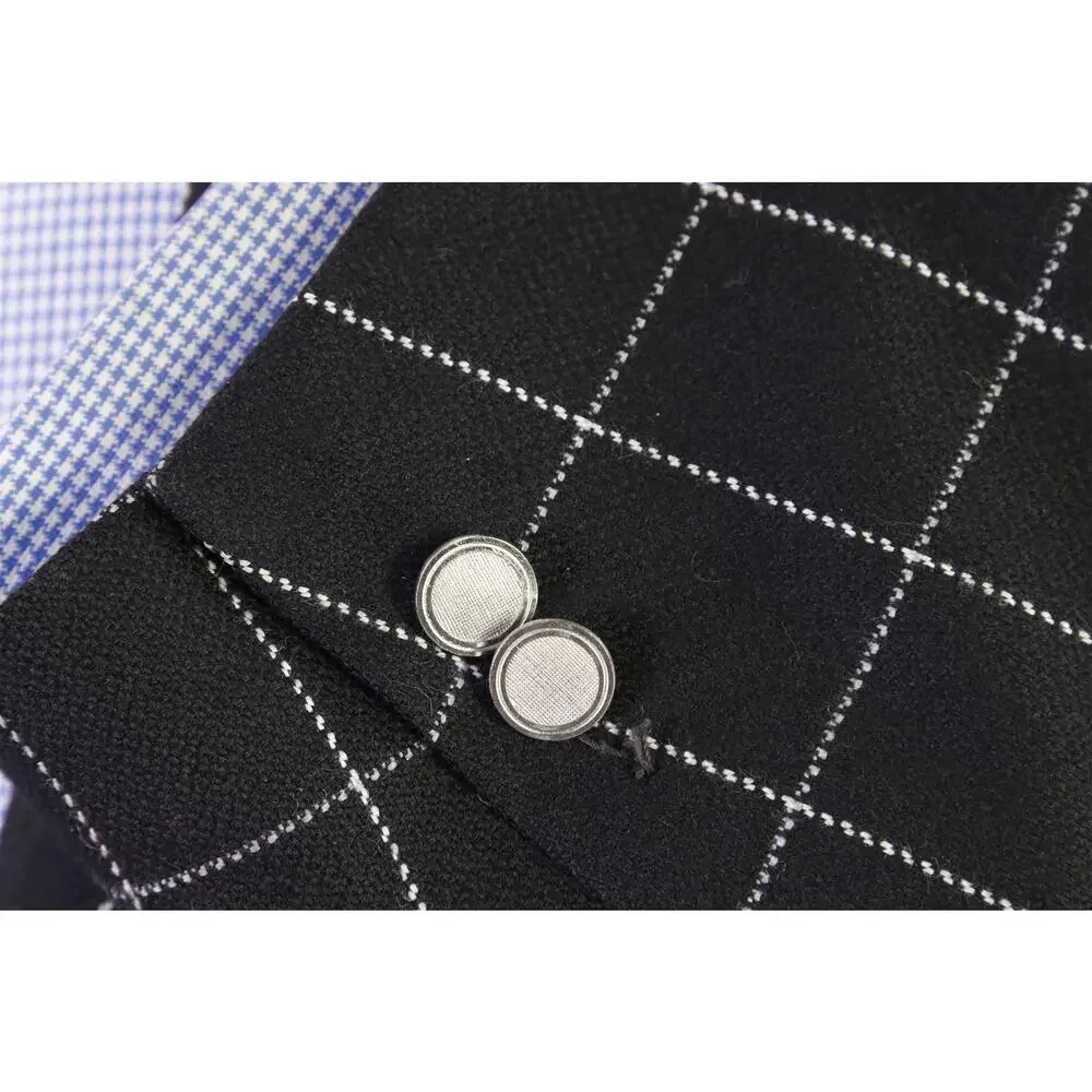d'Avenza Roma Black Windowpane Wool Silk Double Breasted Blazer Jacket 44R